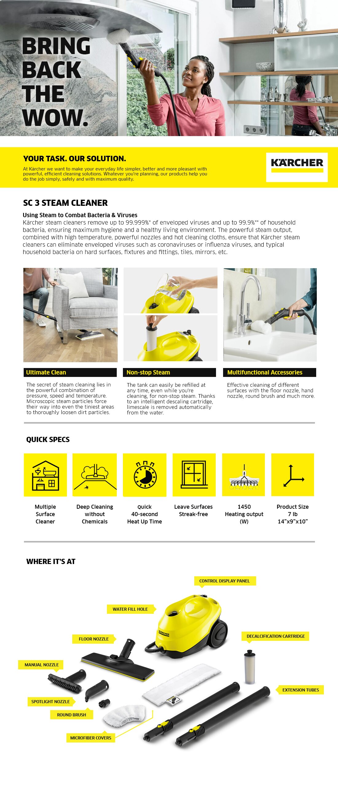 Karcher SC 3 Portable MultiPurpose Steam Cleaner with Hand & Floor Attachments for Grout, Tile